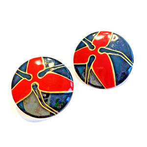 Vintage 1980’s Chunky Pierced Earrings Gold Red & Black Large Rounds Enamel Chic